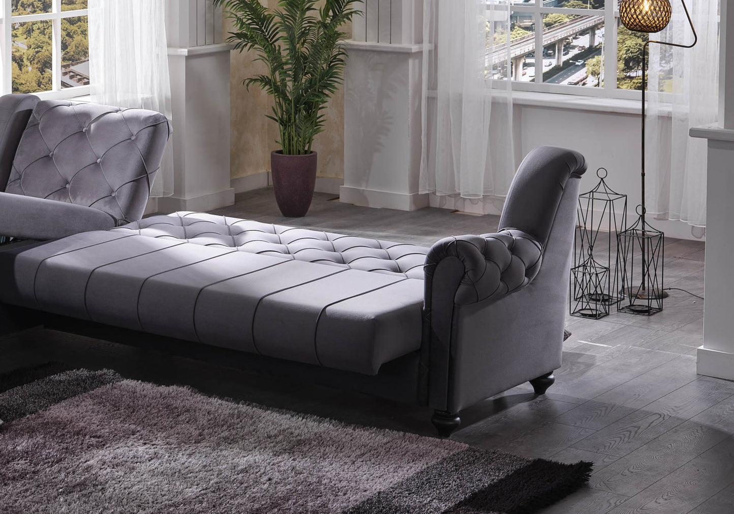 Canapé méridienne velours gris capitonné – MEVA