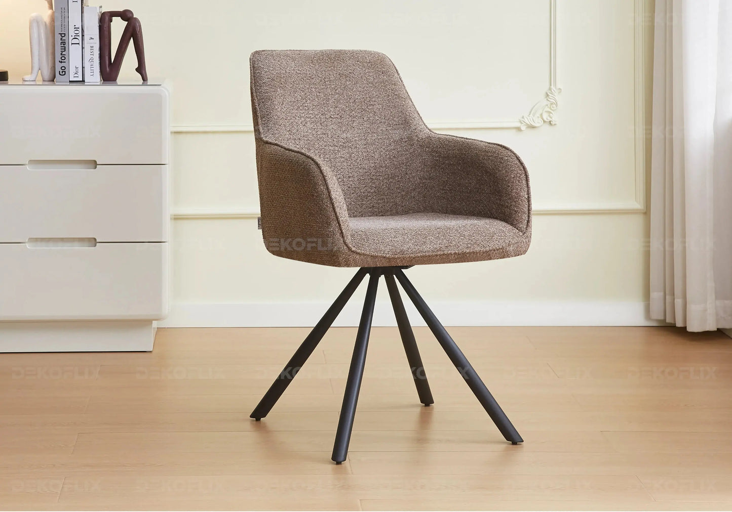 Fauteuil de table bouclée taupe pieds noirs - – Galerie du Mobilier - Vue 1