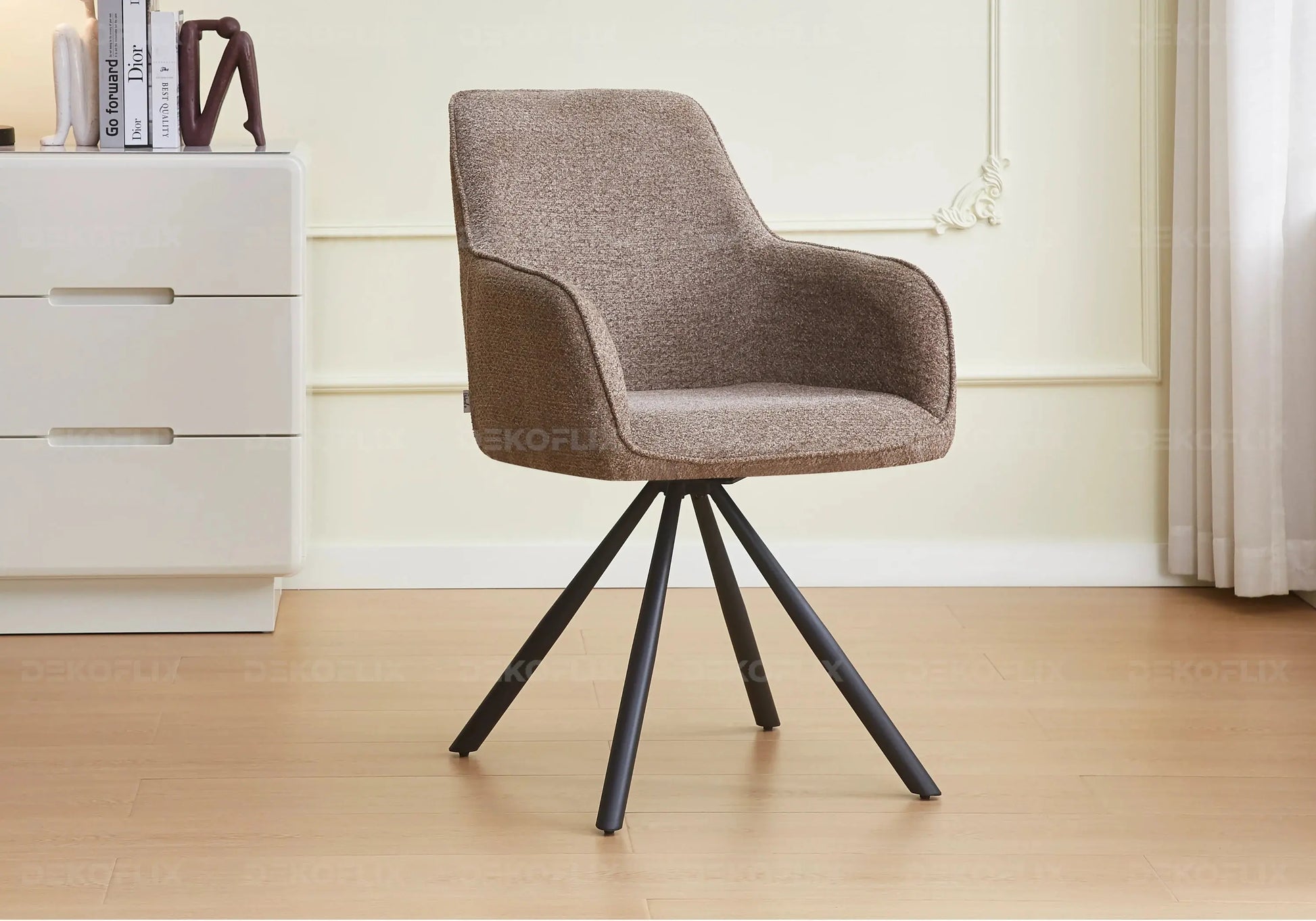 Fauteuil de table bouclée taupe pieds noirs - – Galerie du Mobilier - Vue 1