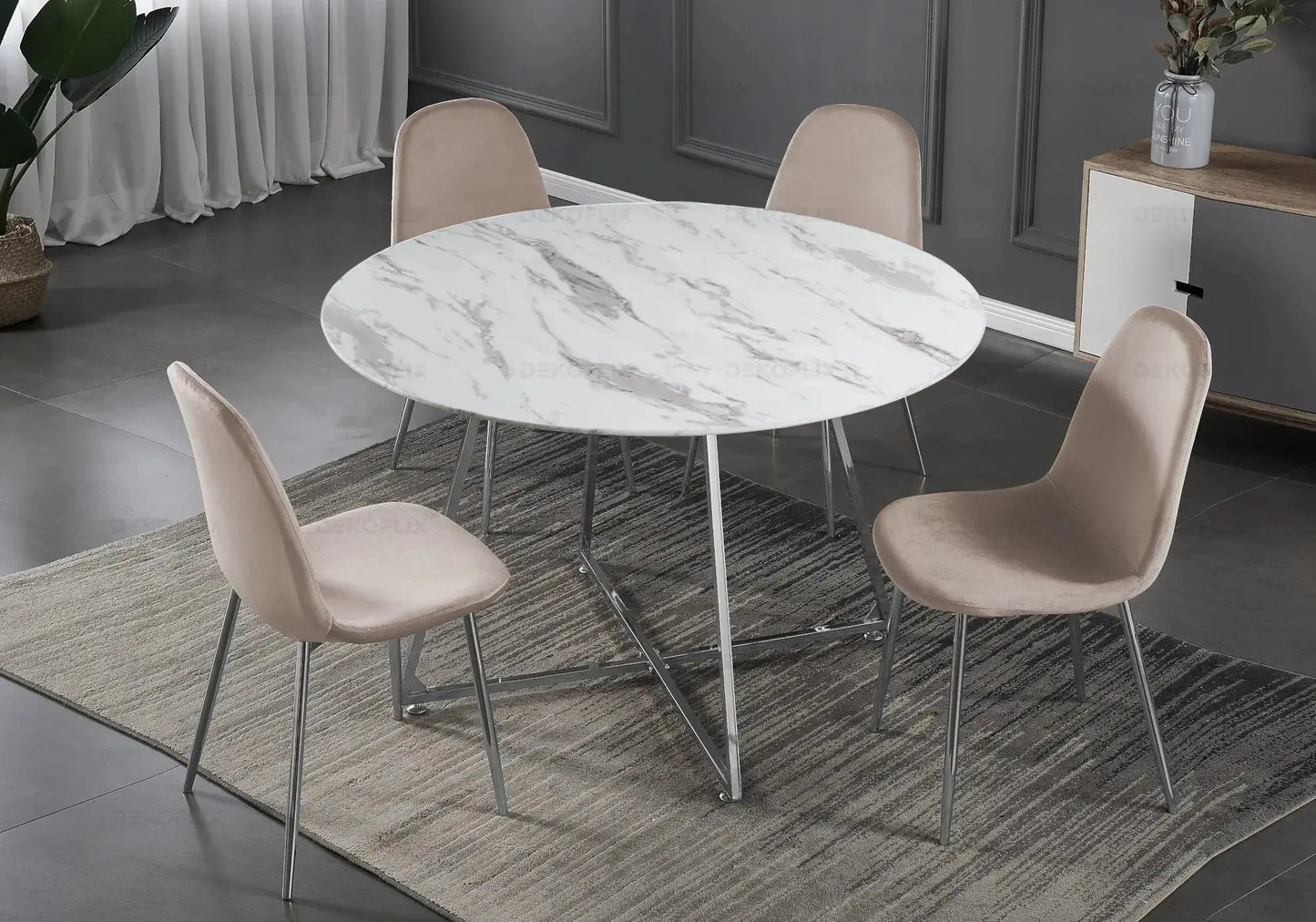 Table ronde marbre et 4 chaises argent - Gina – Galerie du Mobilier