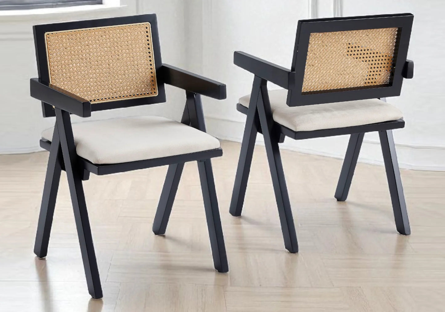 Chaise salle à manger noire cannage naturel - – Galerie du Mobilier - Vue 1