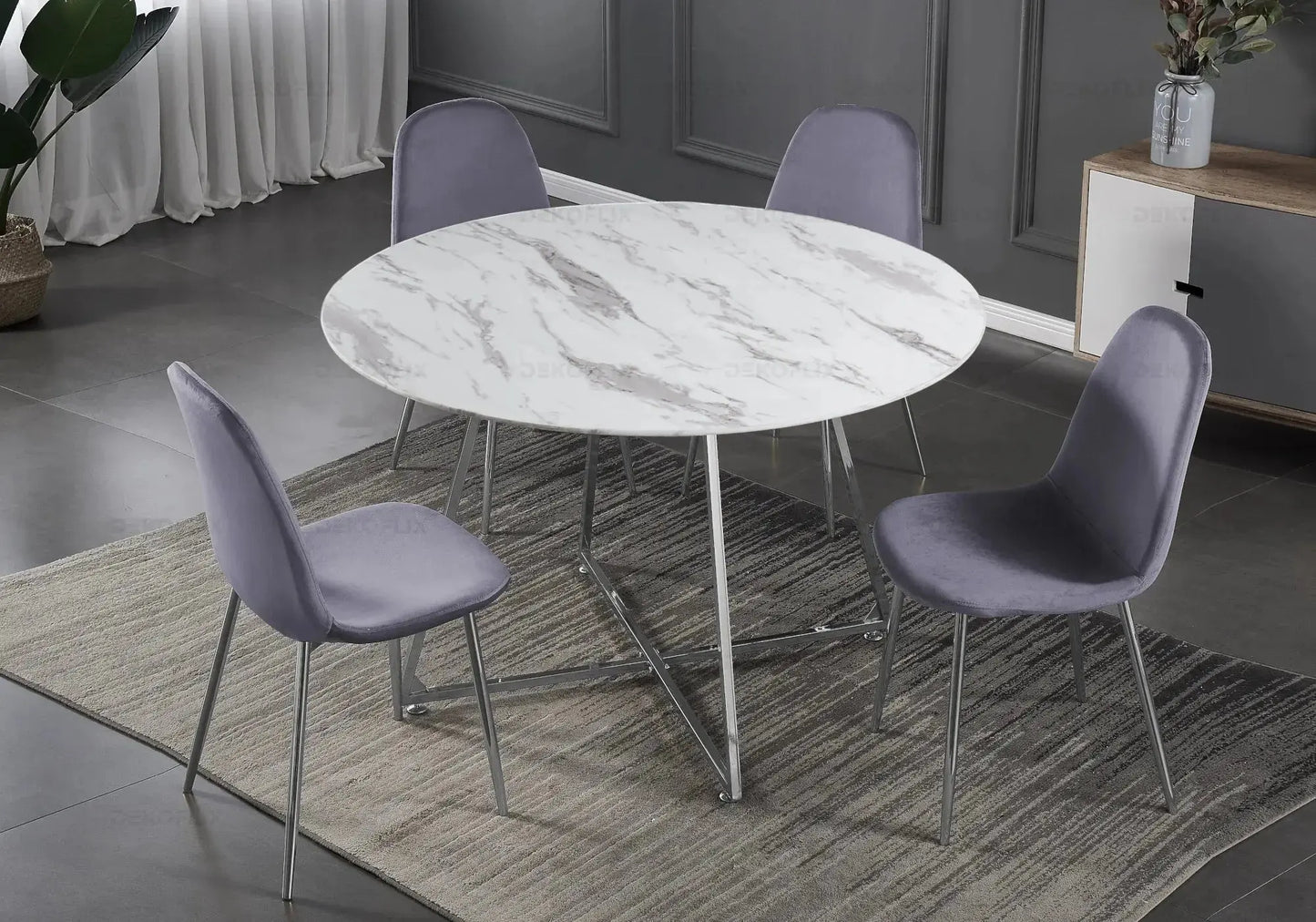 Table ronde marbre et 4 chaises argent - Gina – Galerie du Mobilier