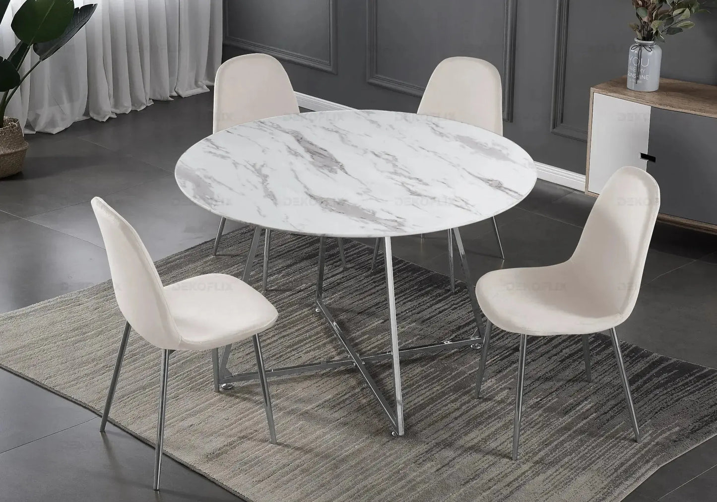 Table ronde marbre et 4 chaises argent - Gina – Galerie du Mobilier