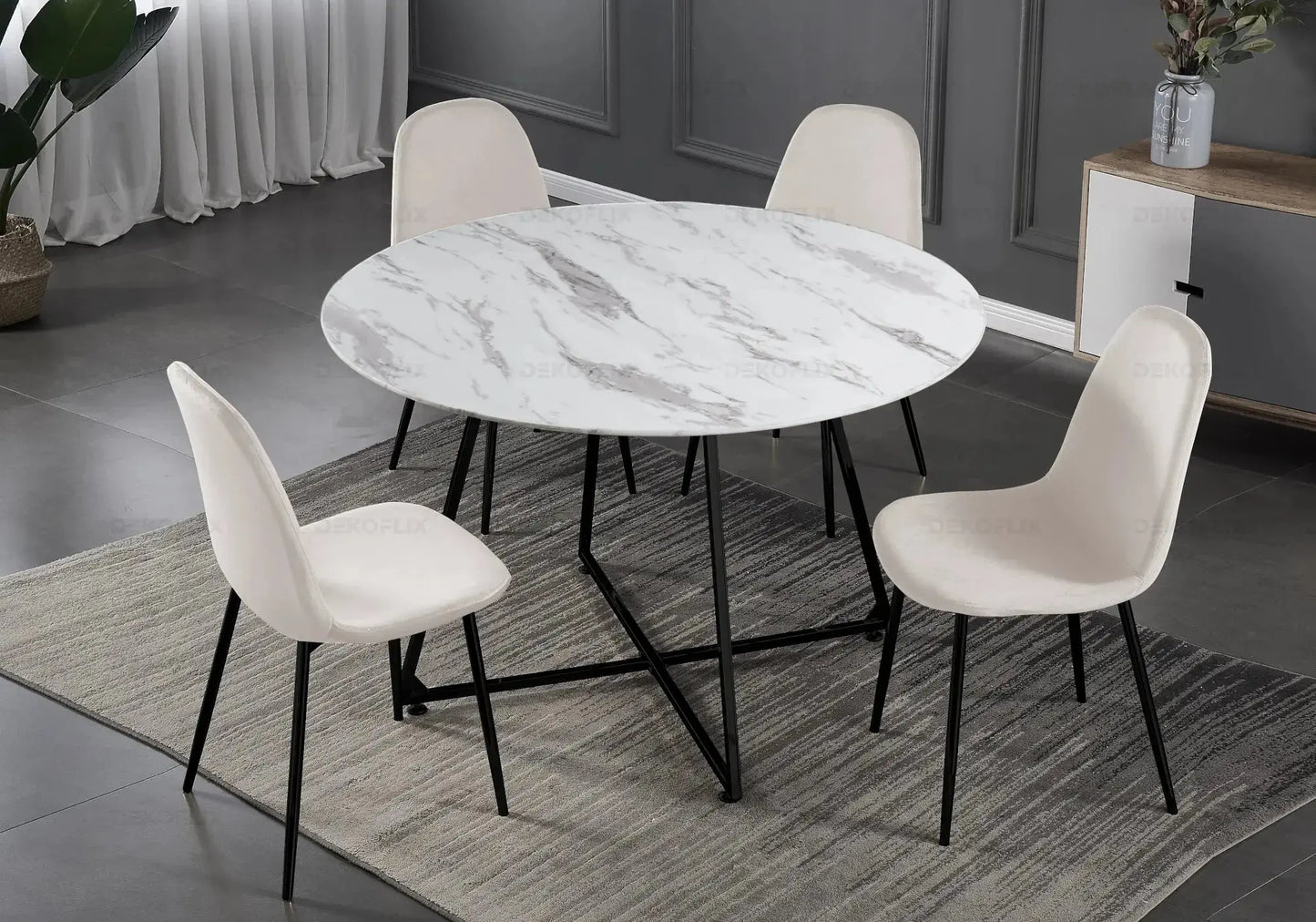 Table ronde marbre et 4 chaises noir - Gina – Galerie du Mobilier