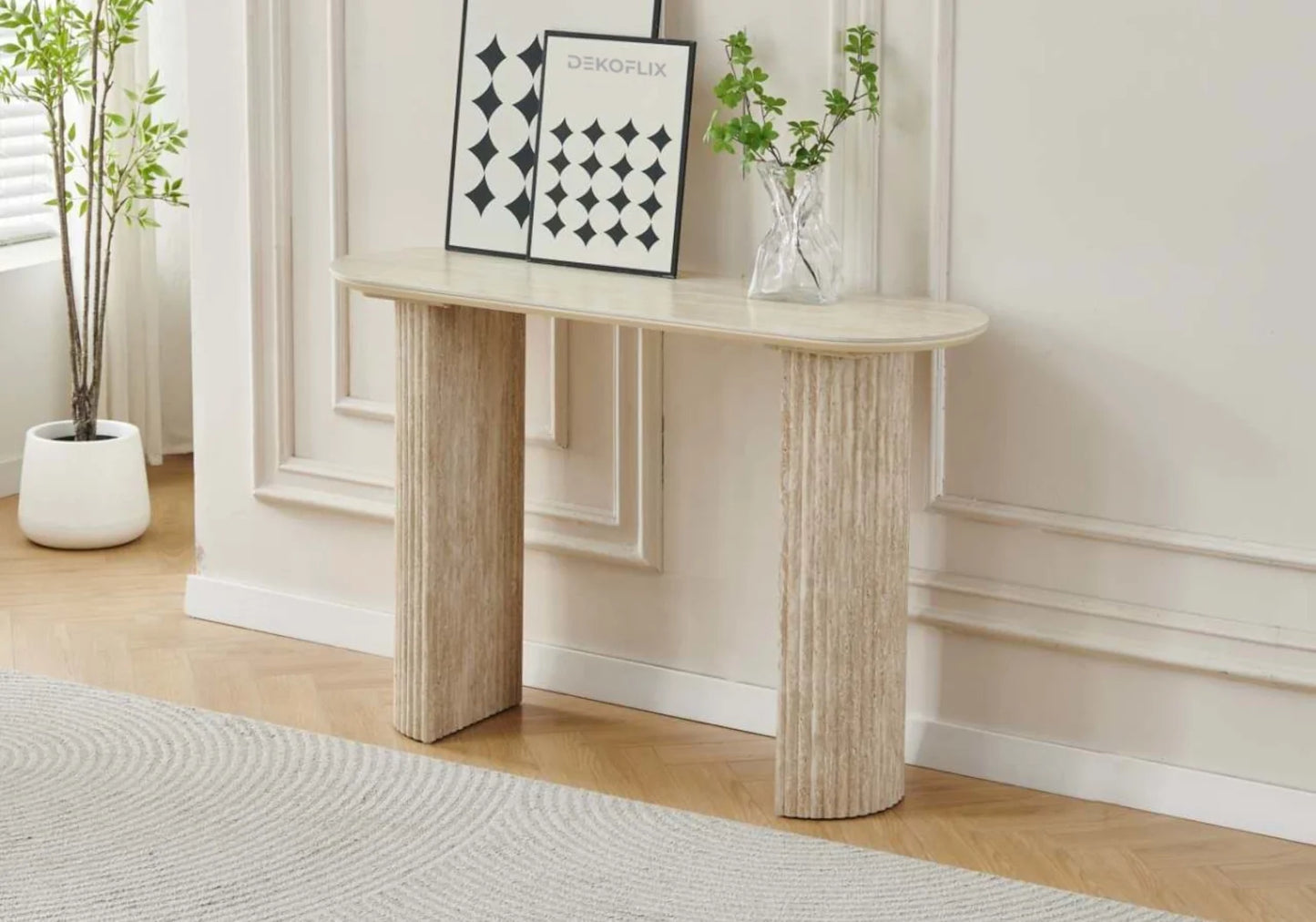Console ovale travertin beige cannelée – Terra – Galerie du Mobilier - Vue 1