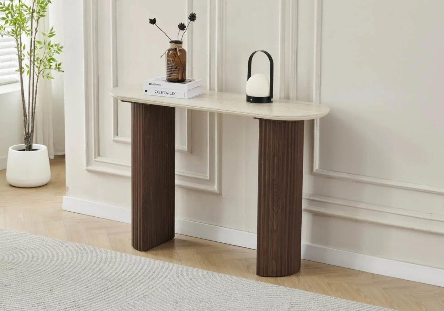 Console ovale travertin noyer cannelée – Terra – Galerie du Mobilier - Vue 1