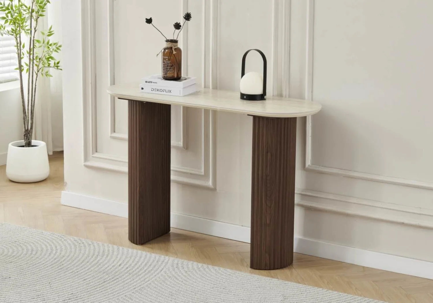 Console ovale travertin noyer cannelée – Terra – Galerie du Mobilier - Vue 1
