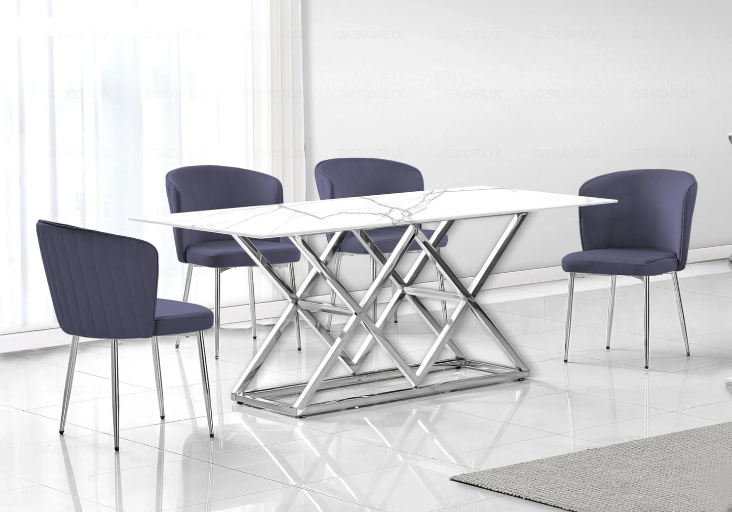 Table marbre blanc argent et chaises velours – – Galerie du Mobilier