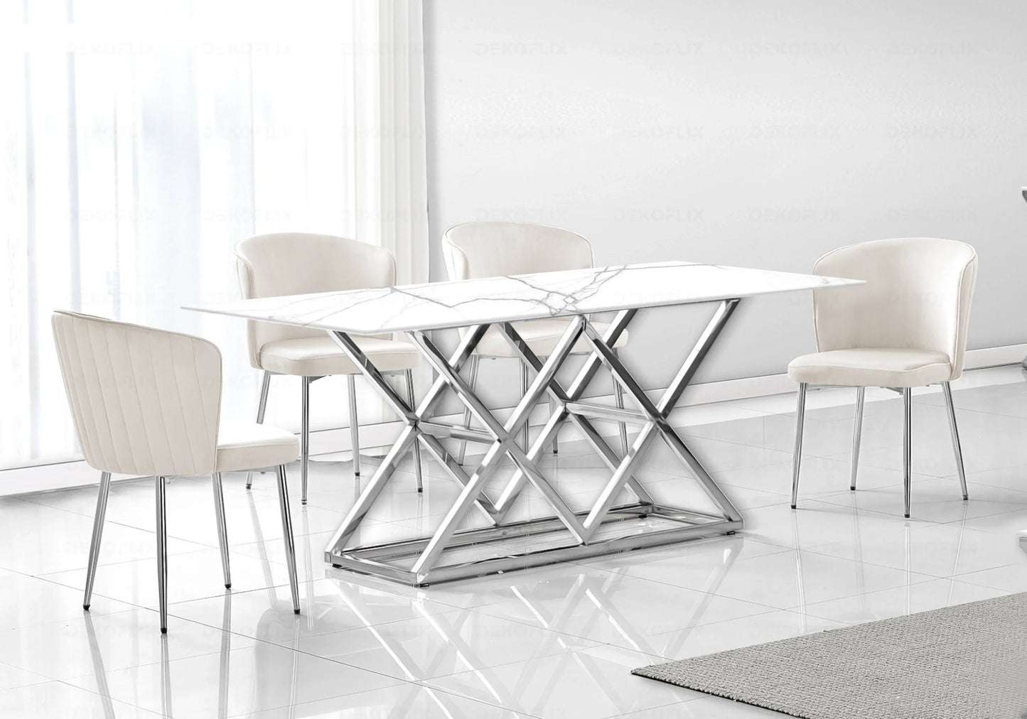 Table marbre blanc argent et chaises velours – – Galerie du Mobilier
