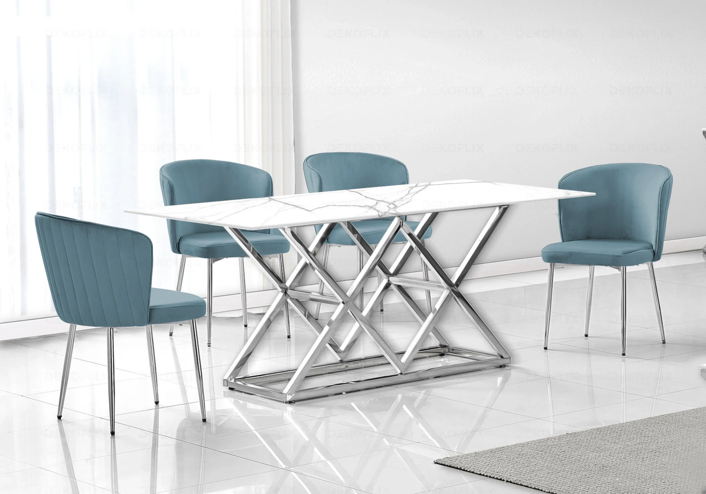 Table marbre blanc argent et chaises velours – – Galerie du Mobilier