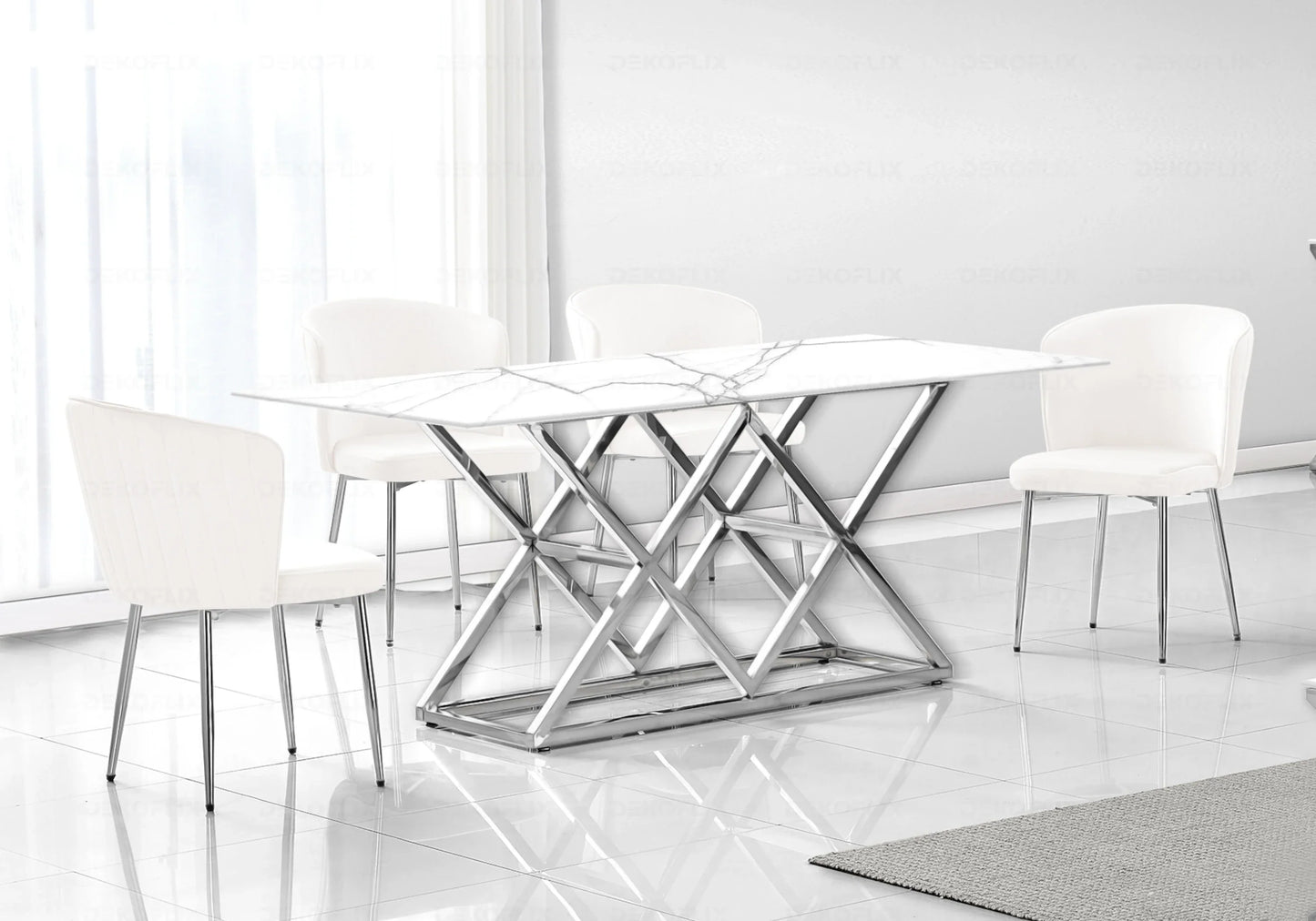 Table marbre blanc argent et chaises velours – – Galerie du Mobilier