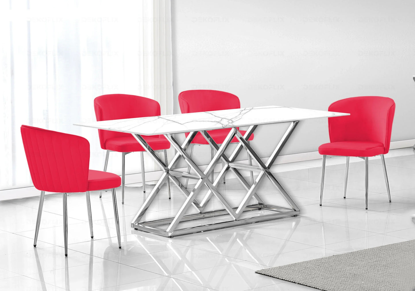 Table marbre blanc argent et chaises velours – – Galerie du Mobilier