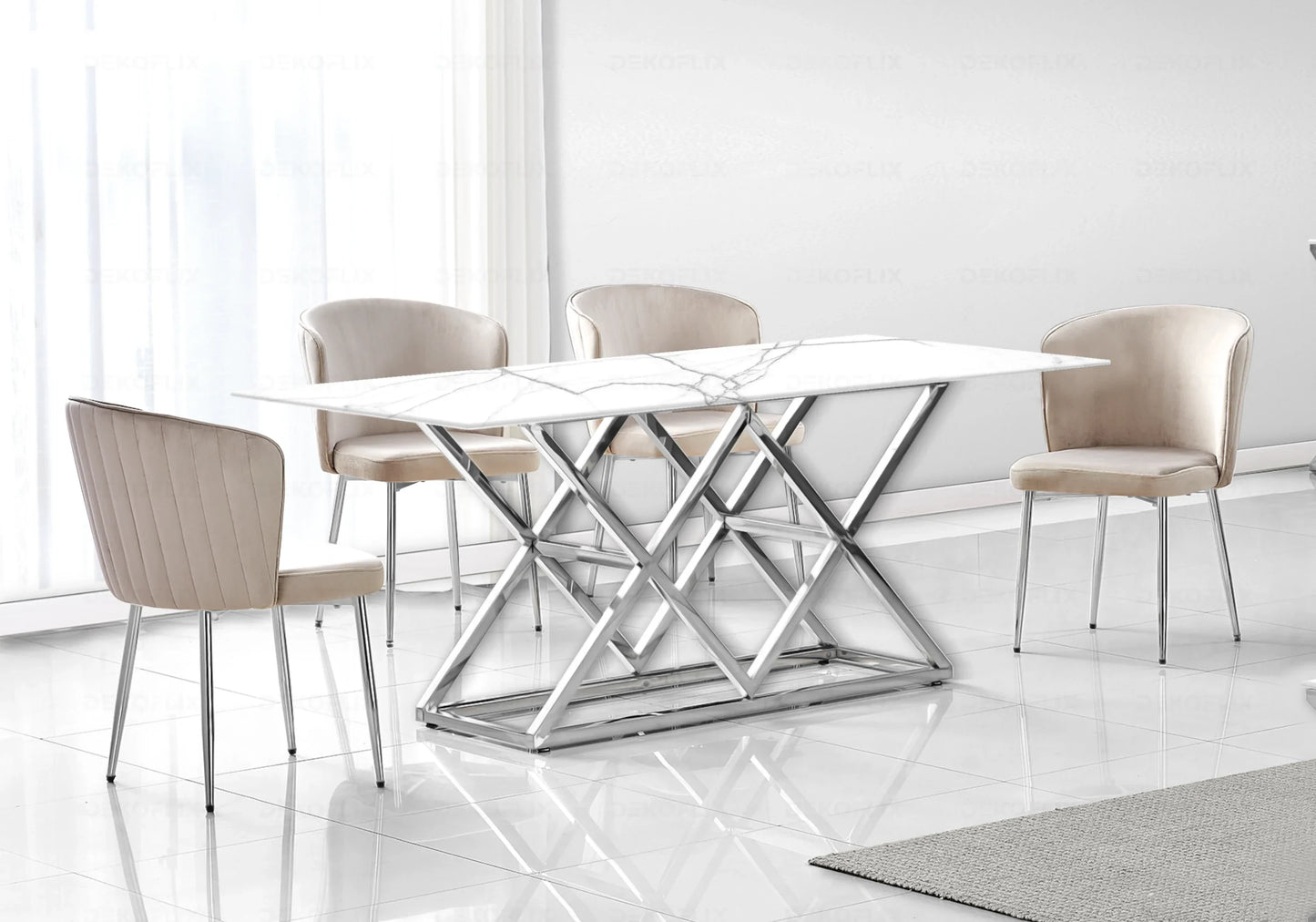 Table marbre blanc argent et chaises velours – – Galerie du Mobilier
