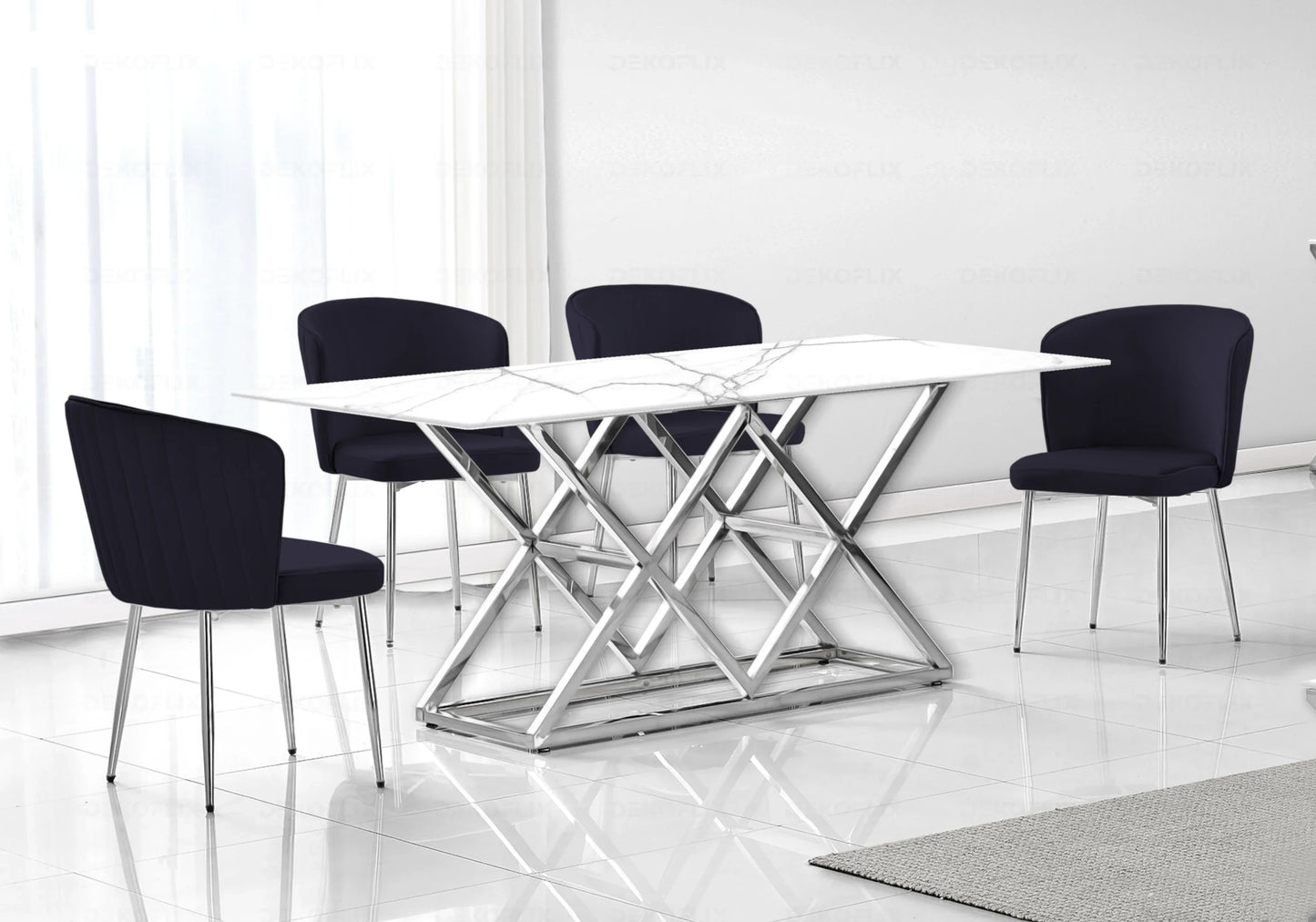 Table marbre blanc argent et chaises velours – – Galerie du Mobilier