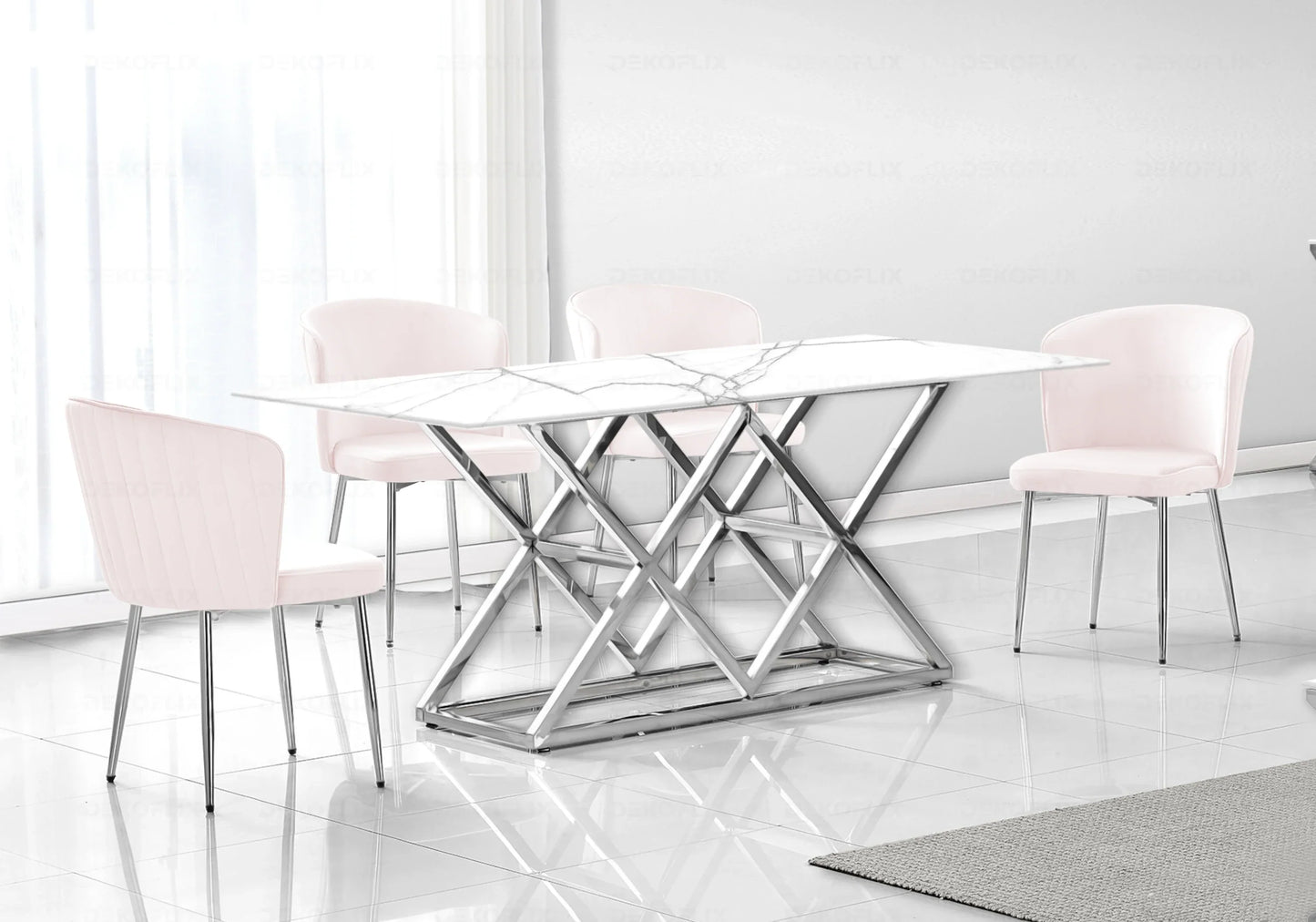 Table marbre blanc argent et chaises velours – – Galerie du Mobilier