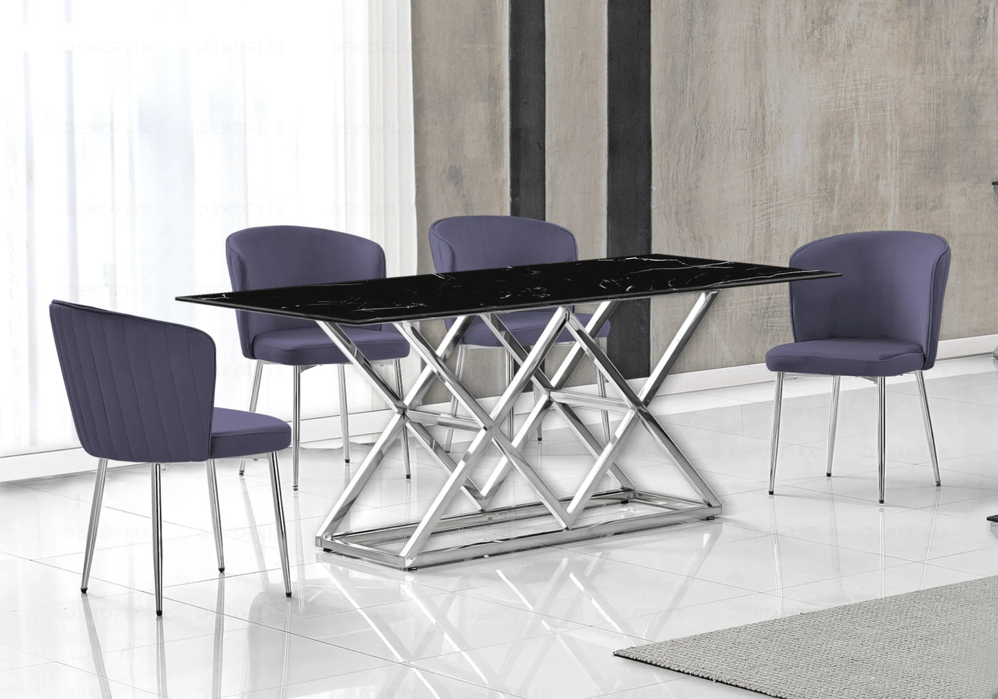 Table marbre noir argent et chaises velours – – Galerie du Mobilier