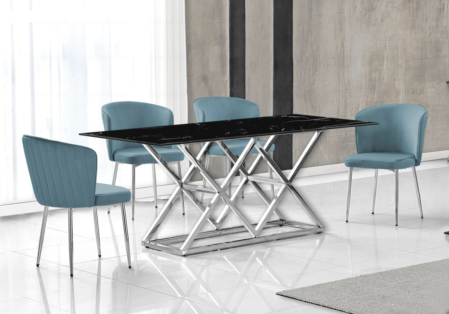 Table marbre noir argent et chaises velours – – Galerie du Mobilier