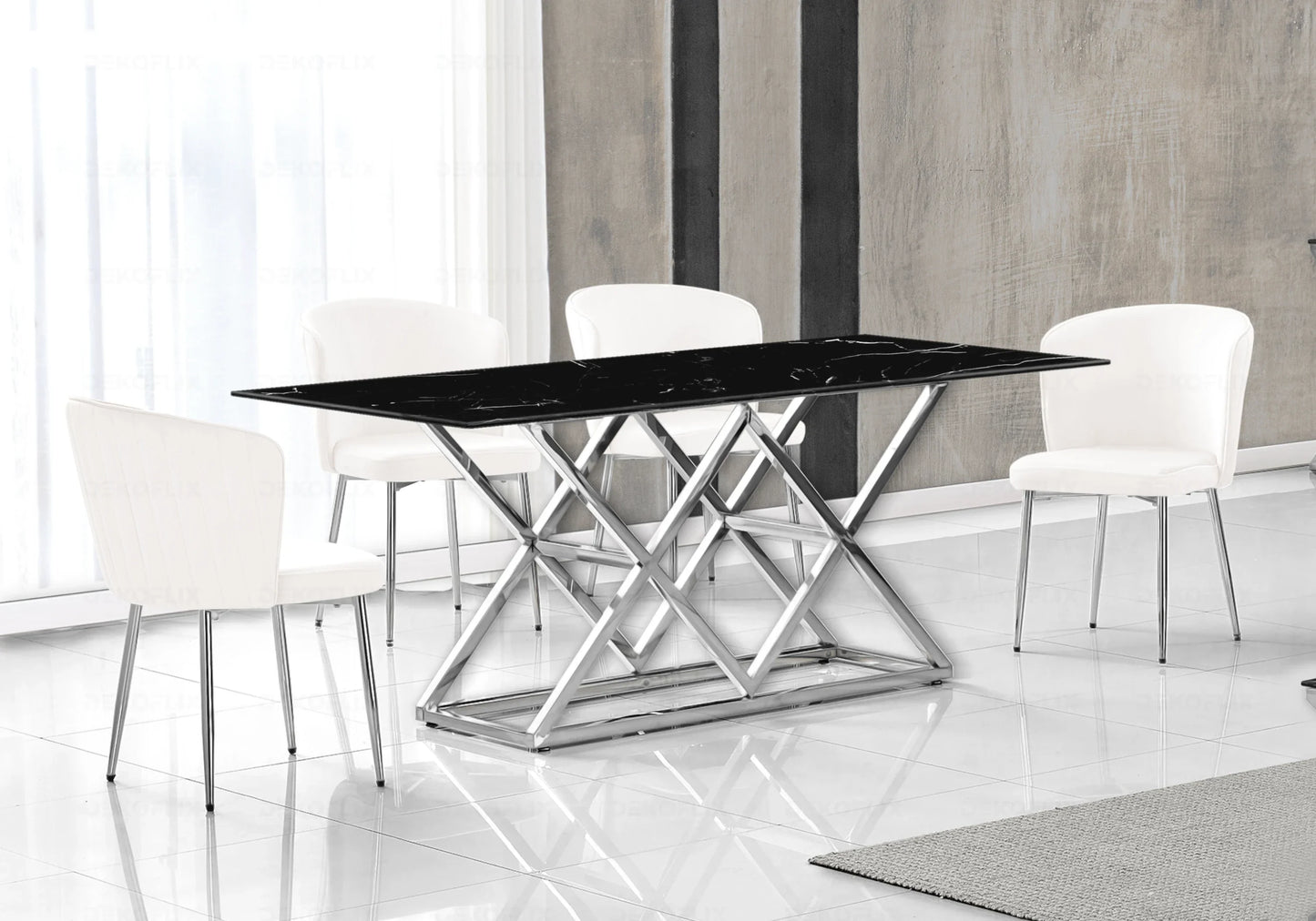 Table marbre noir argent et chaises velours – – Galerie du Mobilier