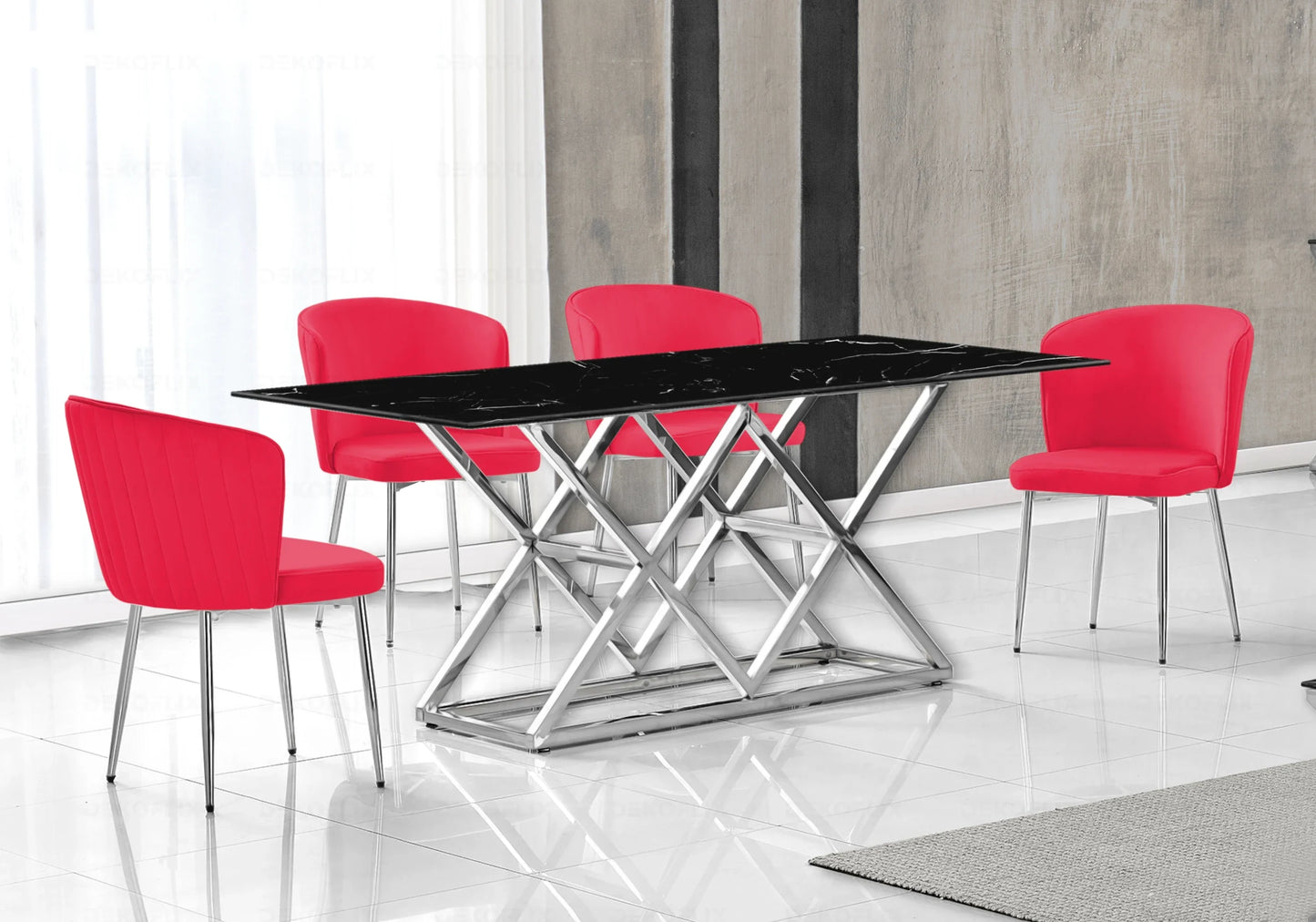 Table marbre noir argent et chaises velours – – Galerie du Mobilier