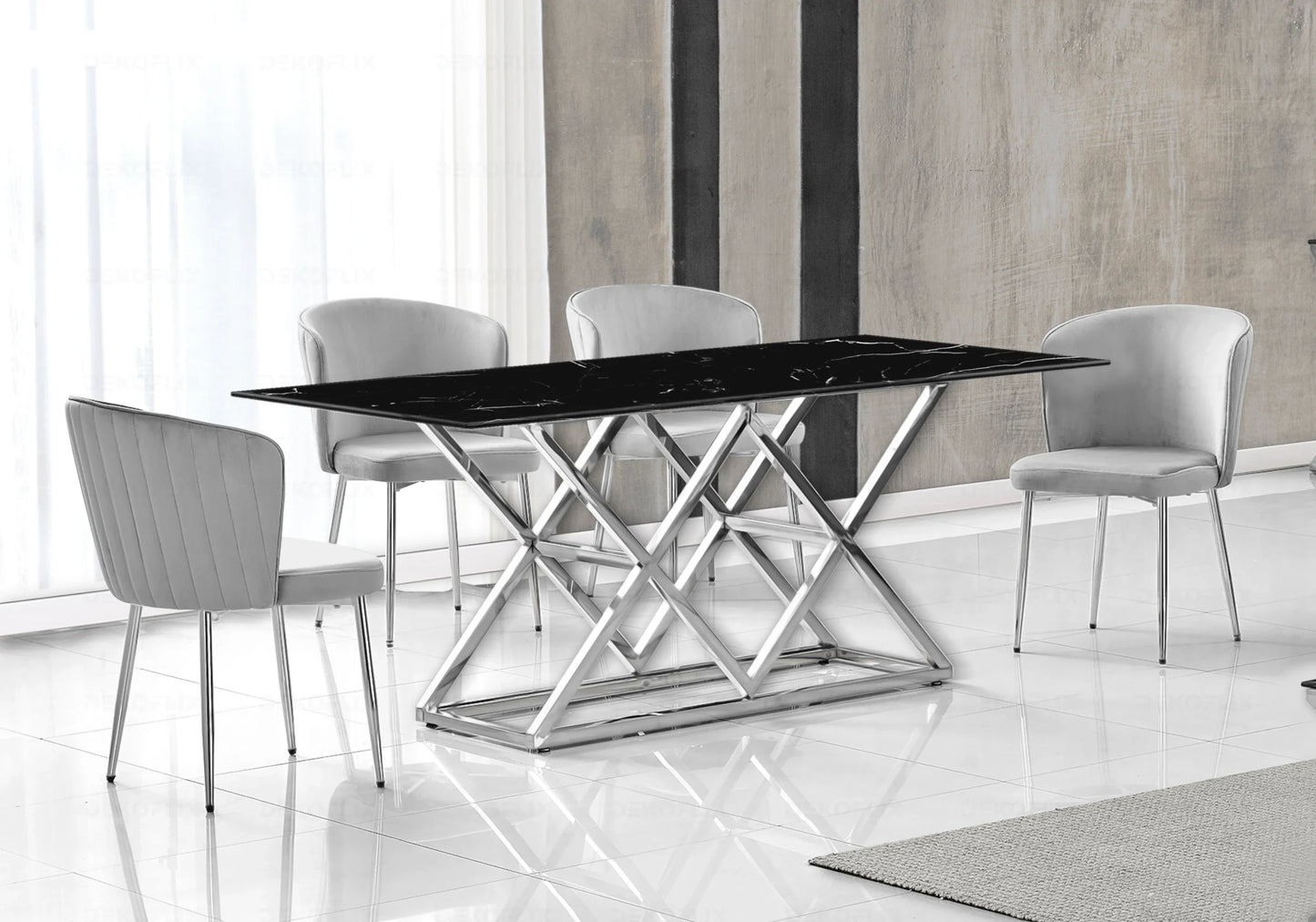 Table marbre noir argent et chaises velours – – Galerie du Mobilier