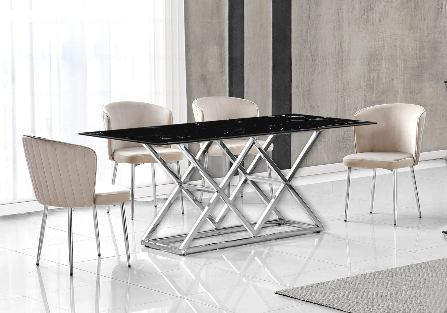 Table marbre noir argent et chaises velours – – Galerie du Mobilier