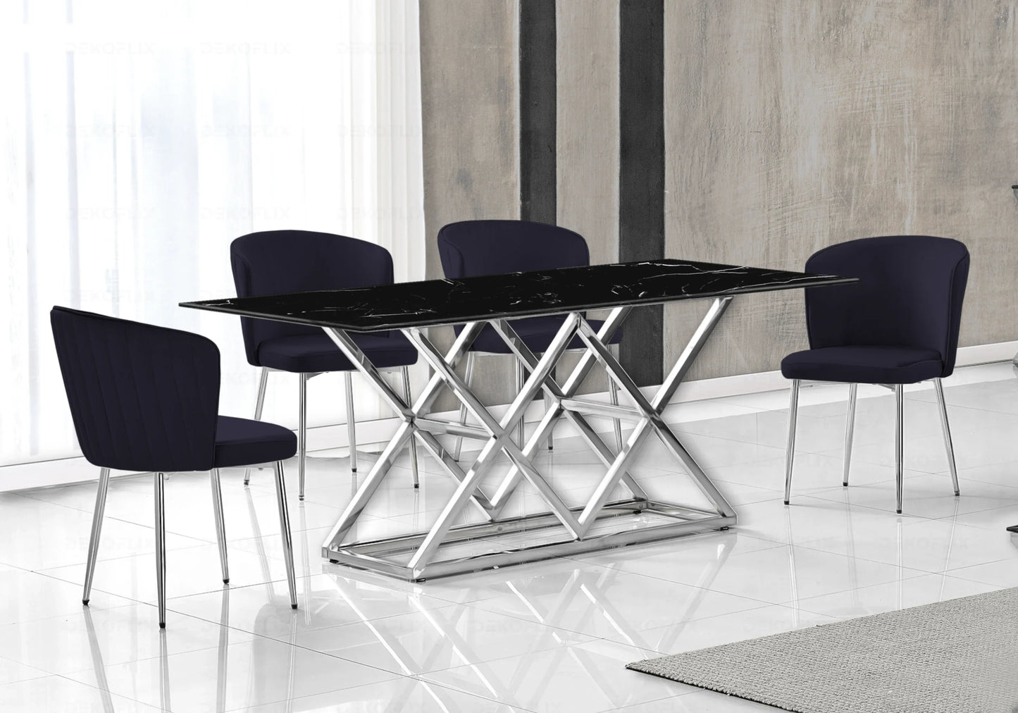 Table marbre noir argent et chaises velours – – Galerie du Mobilier - Vue 1