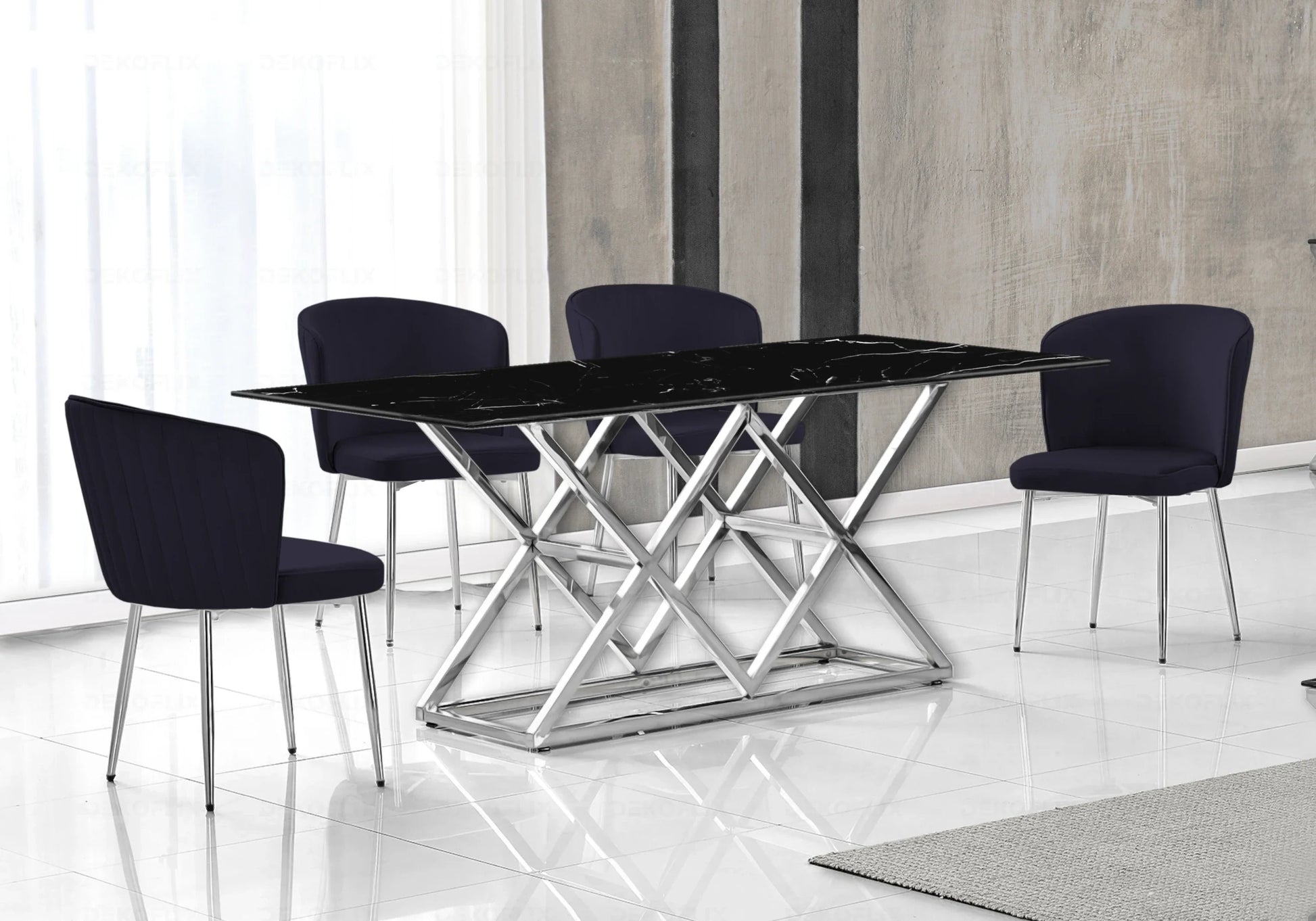 Table marbre noir argent et chaises velours – – Galerie du Mobilier - Vue 1