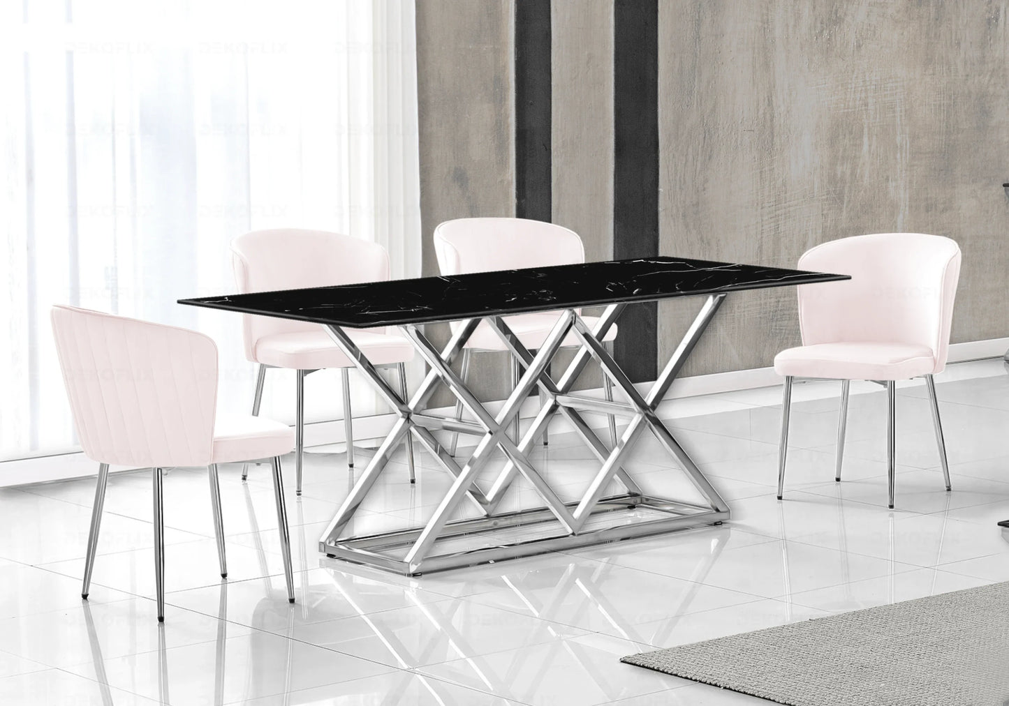 Table marbre noir argent et chaises velours – – Galerie du Mobilier