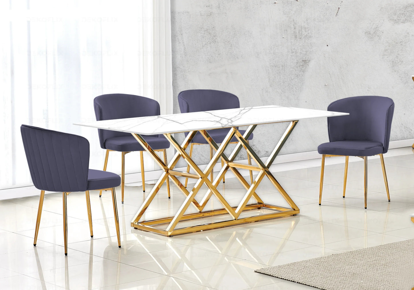 Table marbre blanc doré et chaises velours – – Galerie du Mobilier