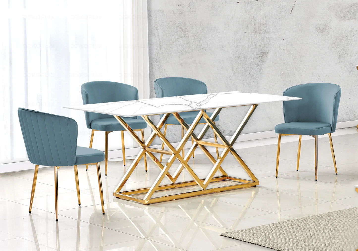 Table marbre blanc doré et chaises velours – – Galerie du Mobilier