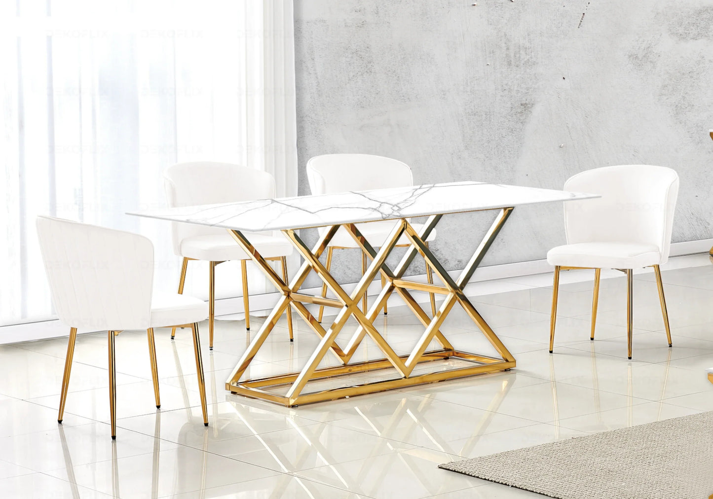 Table marbre blanc doré et chaises velours – – Galerie du Mobilier