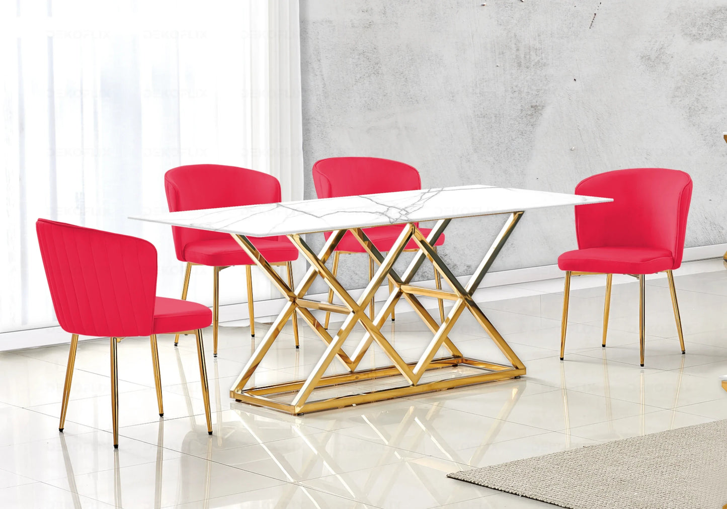 Table marbre blanc doré et chaises velours – – Galerie du Mobilier