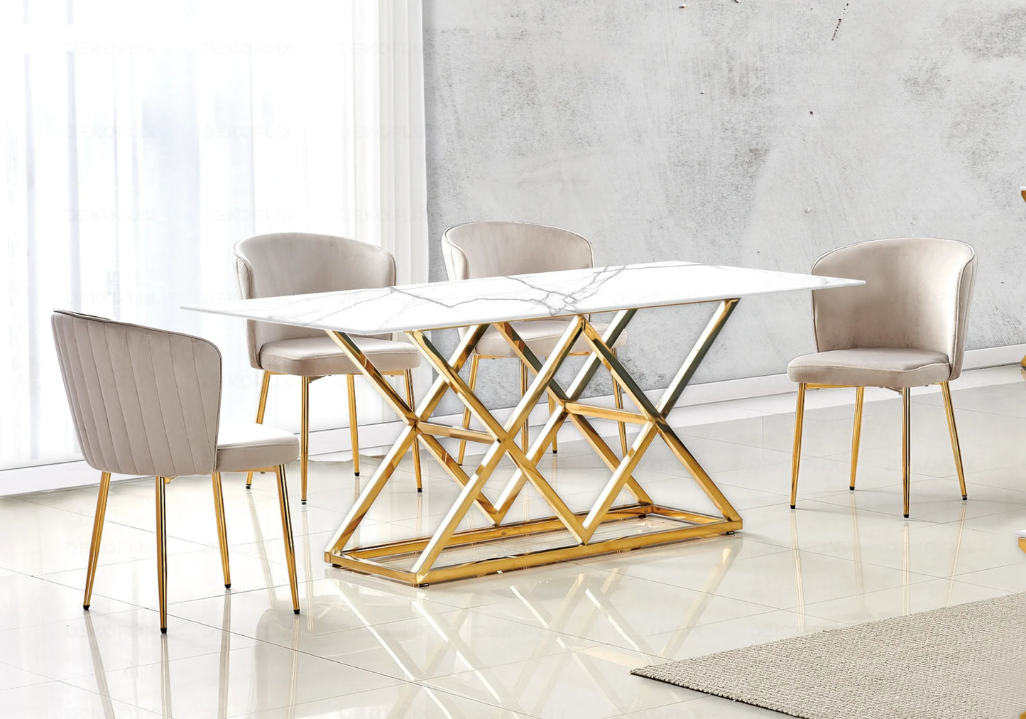 Table marbre blanc doré et chaises velours – – Galerie du Mobilier