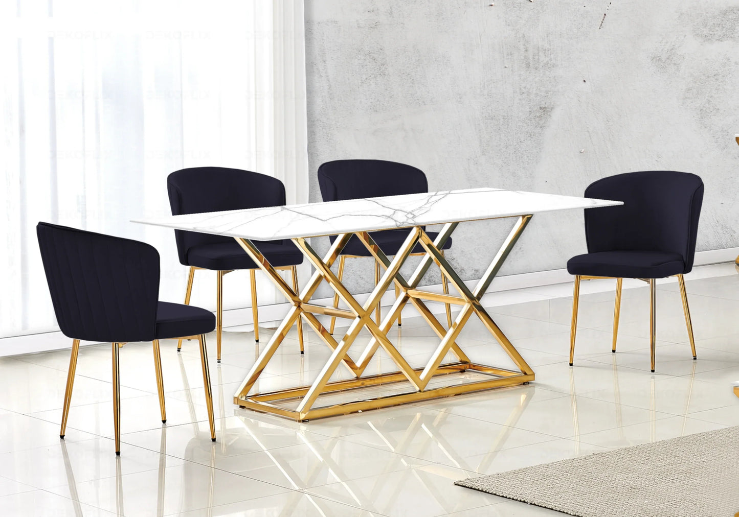 Table marbre blanc doré et chaises velours – – Galerie du Mobilier