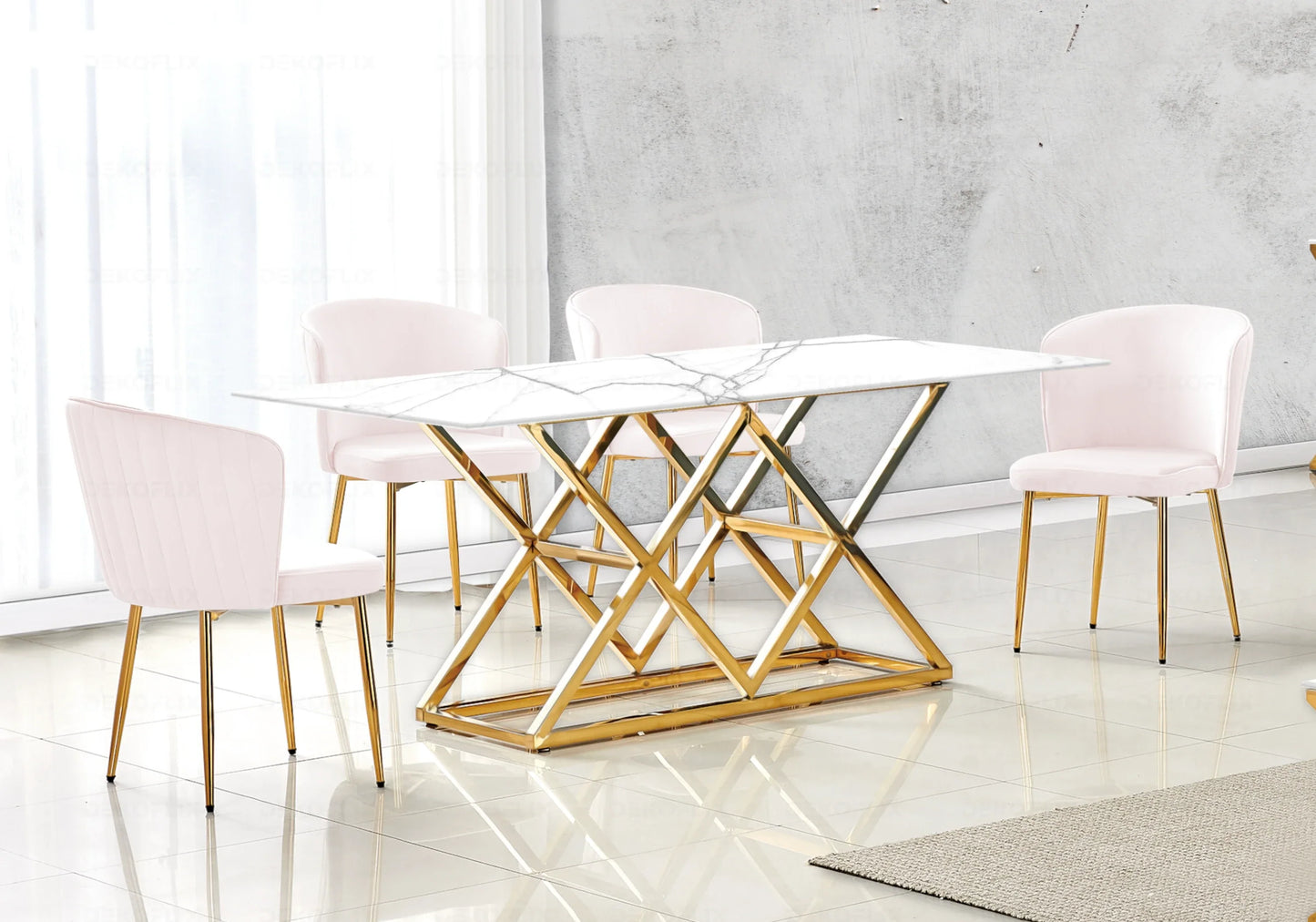 Table marbre blanc doré et chaises velours – – Galerie du Mobilier