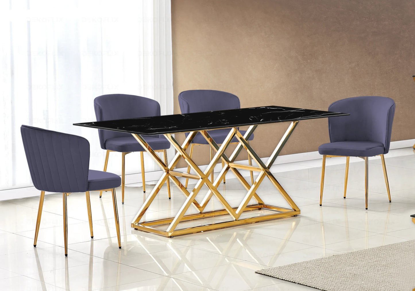 Table marbre noir doré et chaises velours – Erly – Galerie du Mobilier