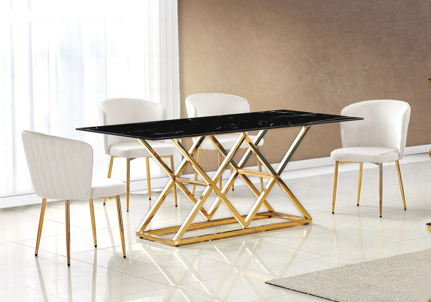 Table marbre noir doré et chaises velours – Erly – Galerie du Mobilier