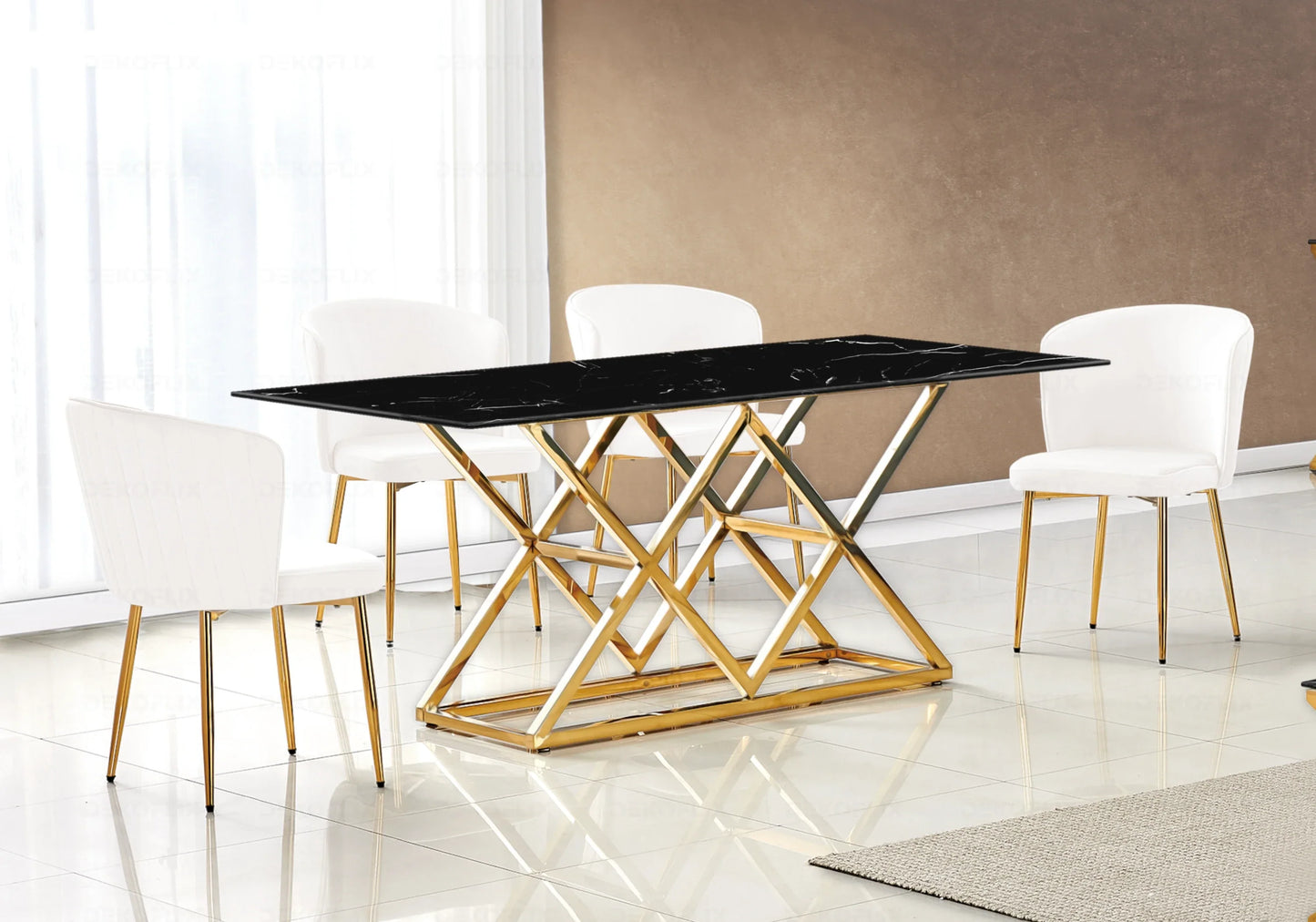 Table marbre noir doré et chaises velours – Erly – Galerie du Mobilier
