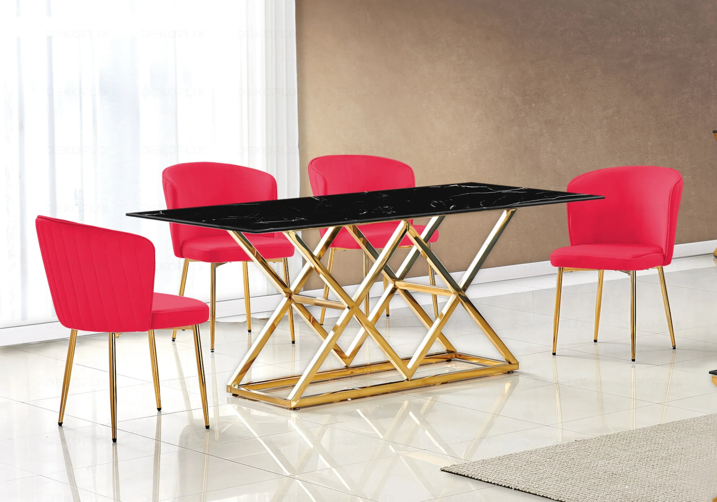 Table marbre noir doré et chaises velours – Erly – Galerie du Mobilier