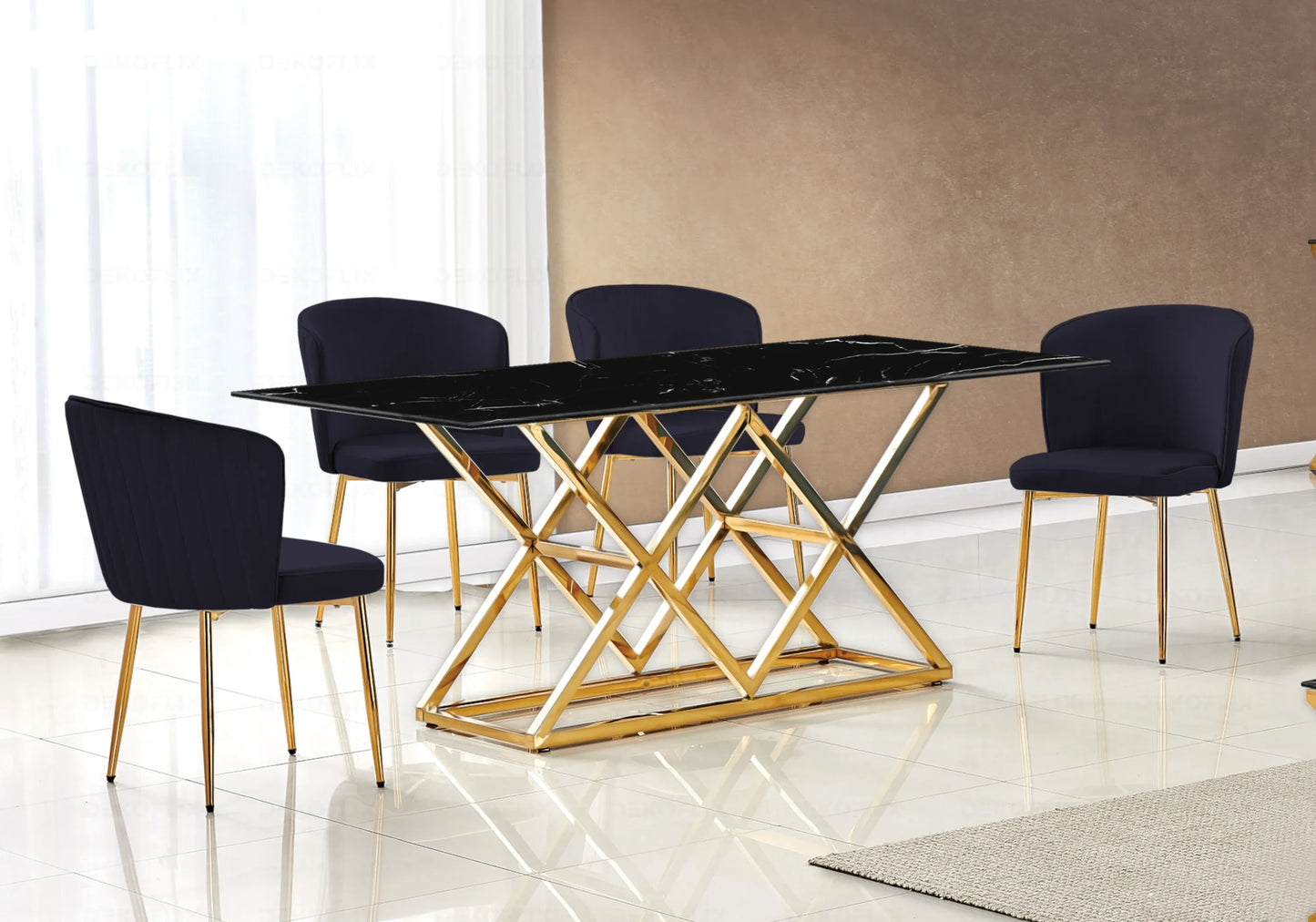 Table marbre noir doré et chaises velours – Erly – Galerie du Mobilier