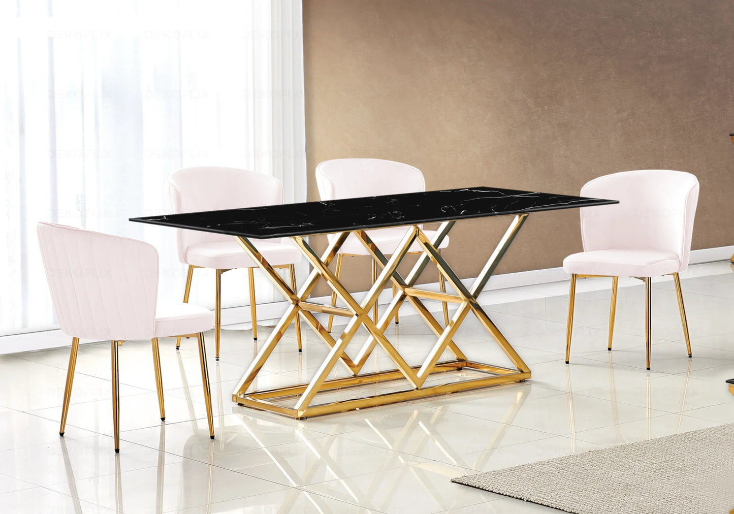 Table marbre noir doré et chaises velours – Erly – Galerie du Mobilier