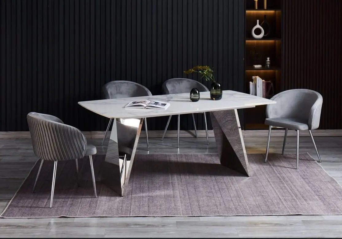 Ensemble table chaise céramique marbre blanc - Vue 1