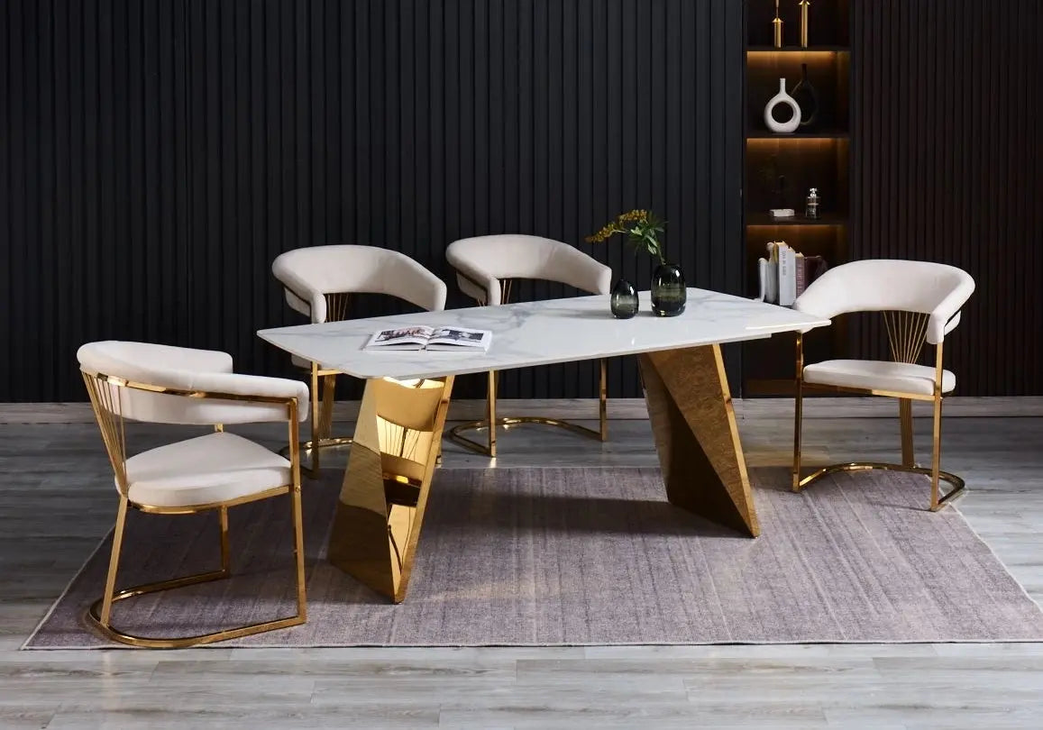 Ensemble table chaise doré céramique marbre blanc - Vue 1