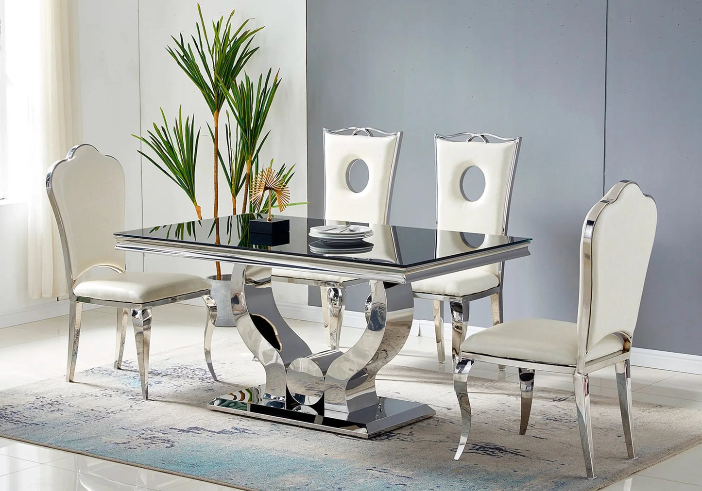 Ensemble table chaise en verre noir argent TROPHEE - Galerie du Mobilier