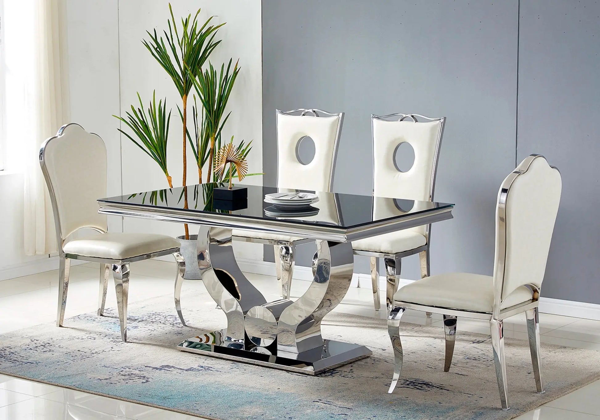 Ensemble table chaise en verre noir argent TROPHEE - Galerie du Mobilier