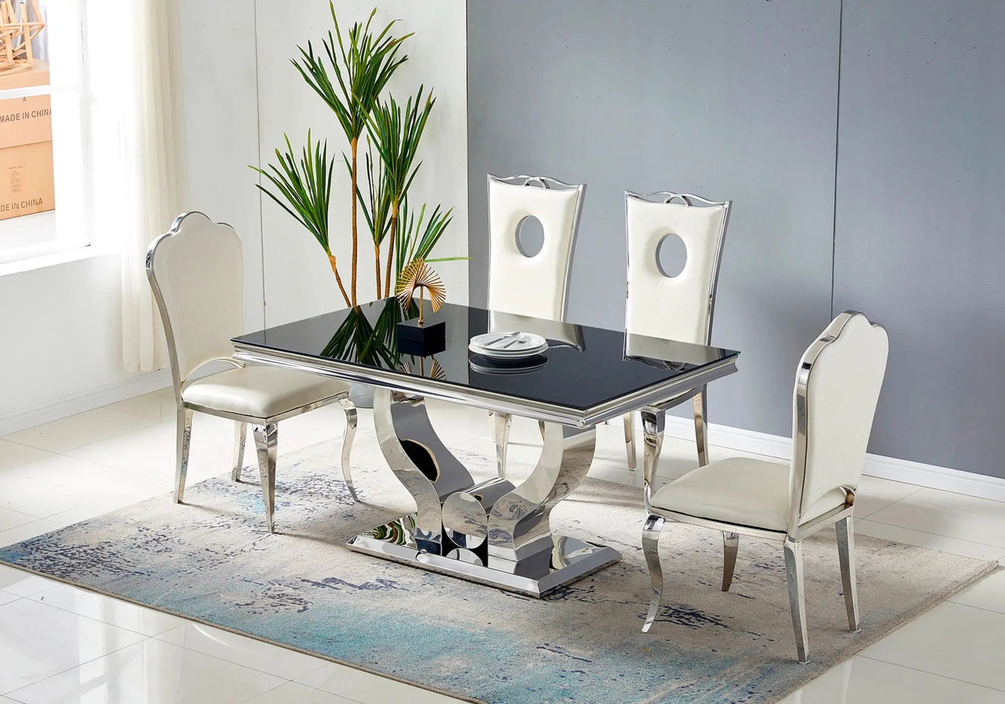Ensemble table chaise marbre blanc argent TROPHEE Galerie du Mobilier