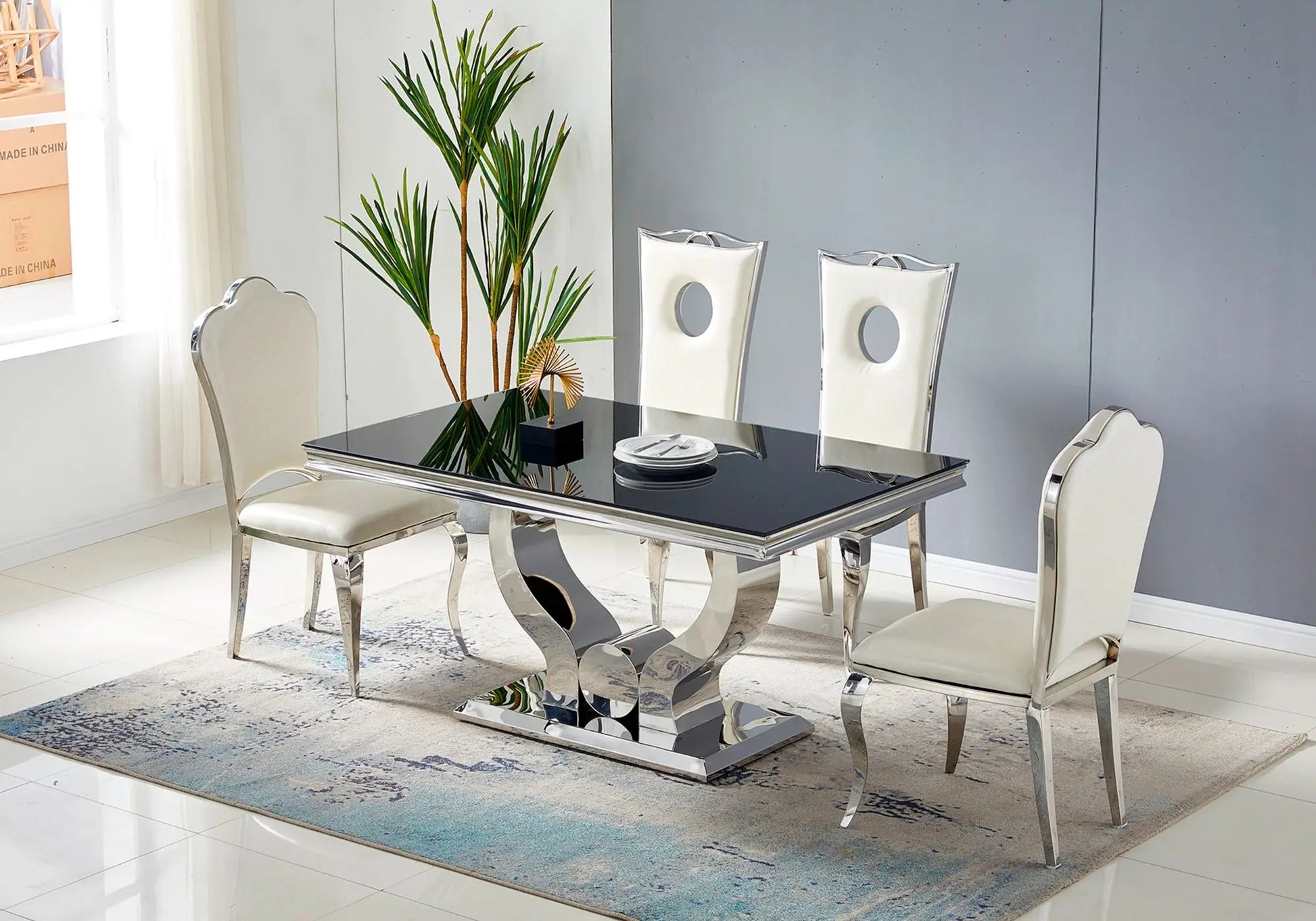 Ensemble table chaise marbre blanc argent TROPHEE Galerie du Mobilier
