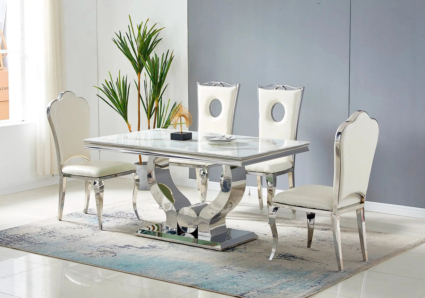Ensemble table chaise marbre blanc argent TROPHEE - Galerie du Mobilier