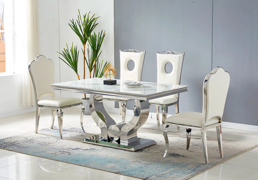 Ensemble table chaise marbre blanc argent TROPHEE - Galerie du Mobilier