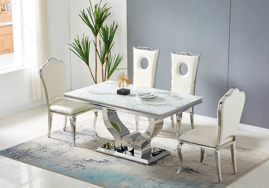Ensemble table chaise marbre blanc argent TROPHEE Galerie du Mobilier